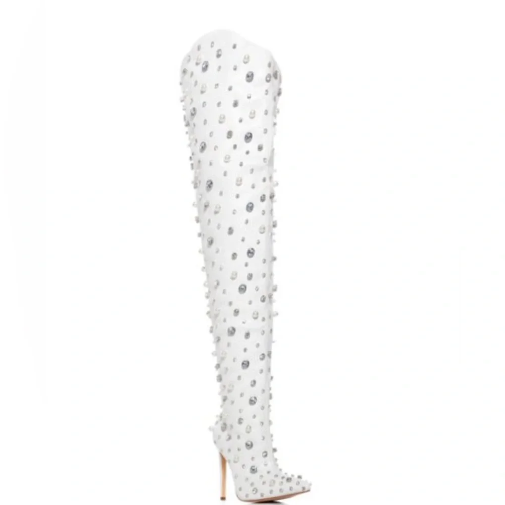 AZALEA WANG White Vegan Leather Embellished Over The Knee Boots